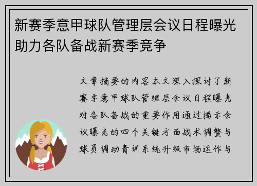新赛季意甲球队管理层会议日程曝光助力各队备战新赛季竞争